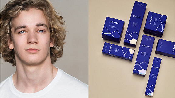Junger Mann neben blauen Hautpflegeprodukten von CRAITH LAB