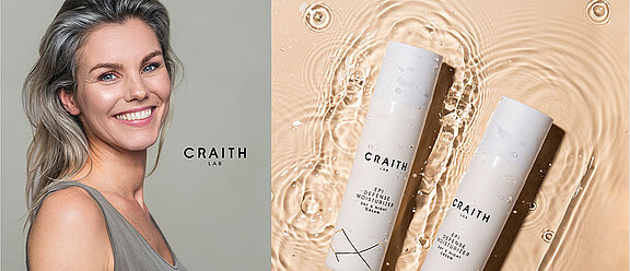 Frau neben CRAITH LAB Pflegeprodukten für das Collagen Lift Facial