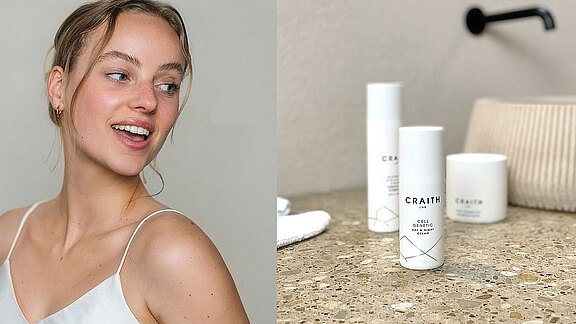 Junge Frau neben weißen Hautpflegeprodukten von CRAITH LAB